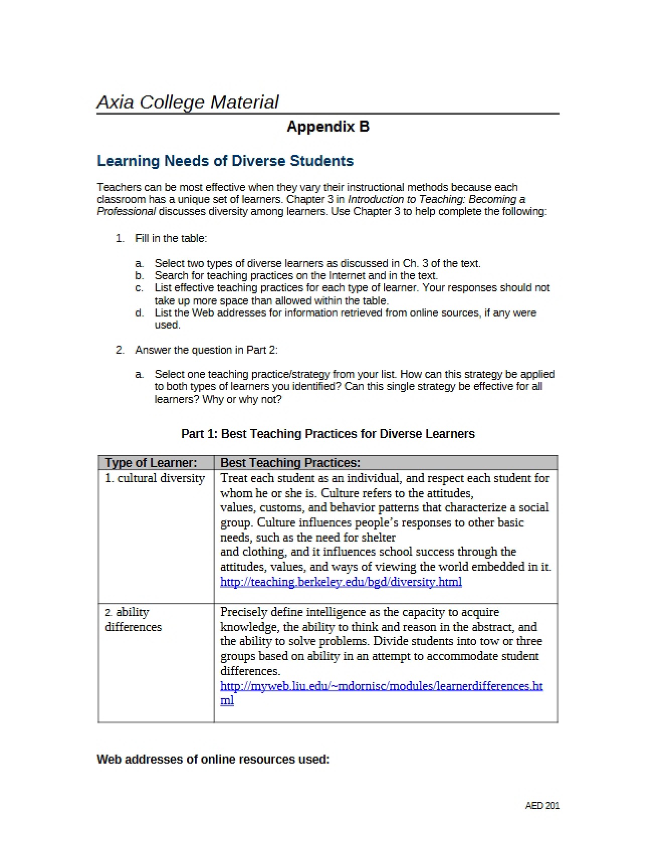 Learning Needs of Diverse Students (I)