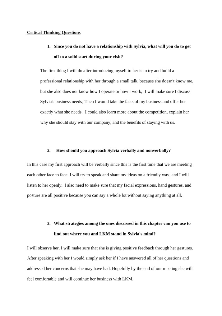 Customer Relationship Management - Critical Thinking Questions