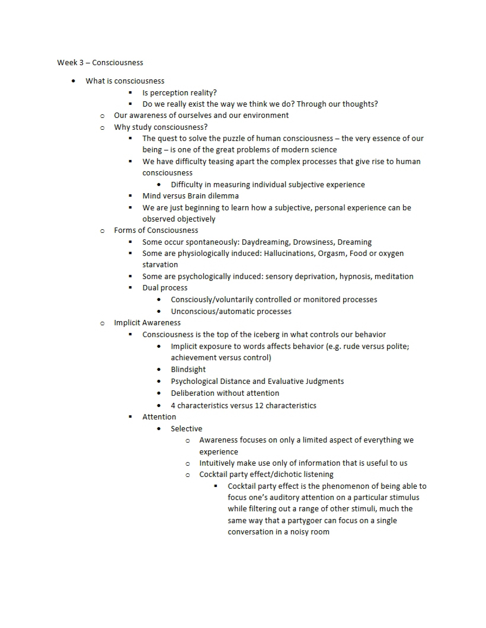 Consciousness Week Three