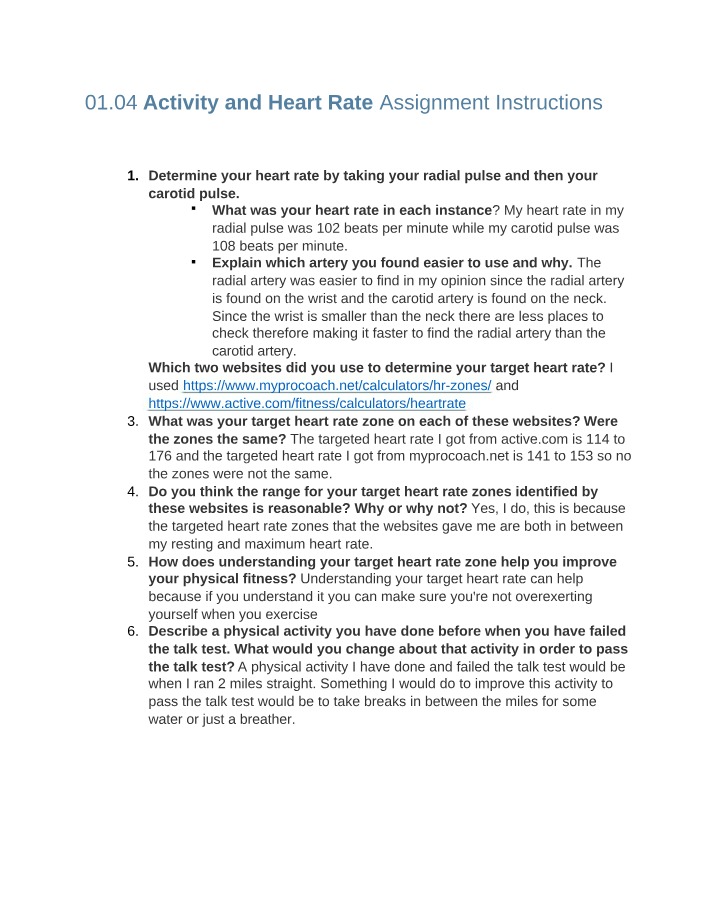 Heart Rate and Activity Assignment Instructions