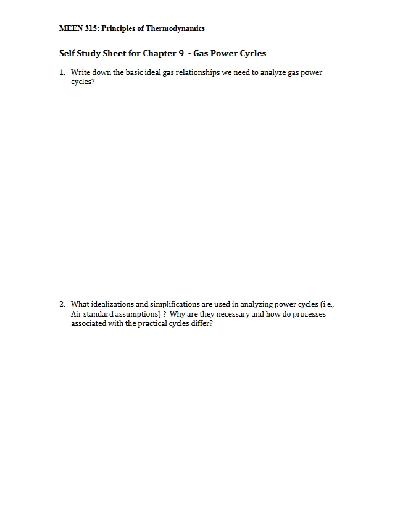 Self-Study Sheet Chapter Nine, Gas Power Cycles