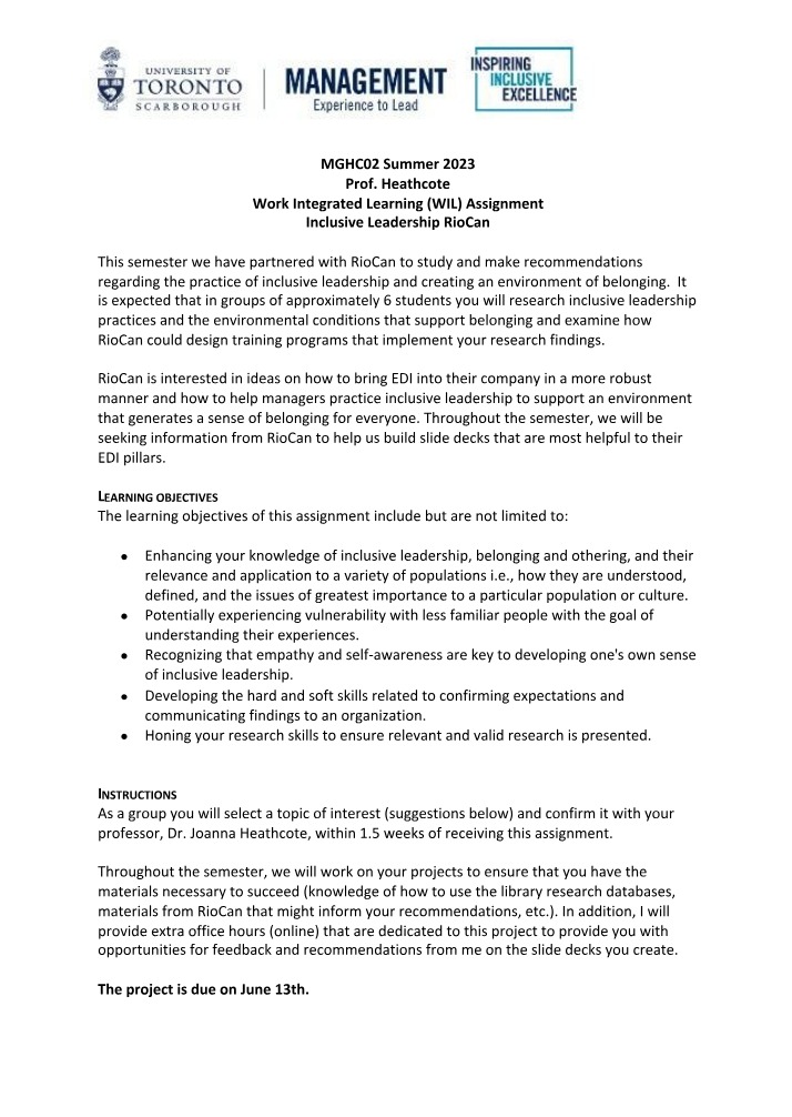 Inclusive Leadership Assignment - RIOCAN Summer 2023