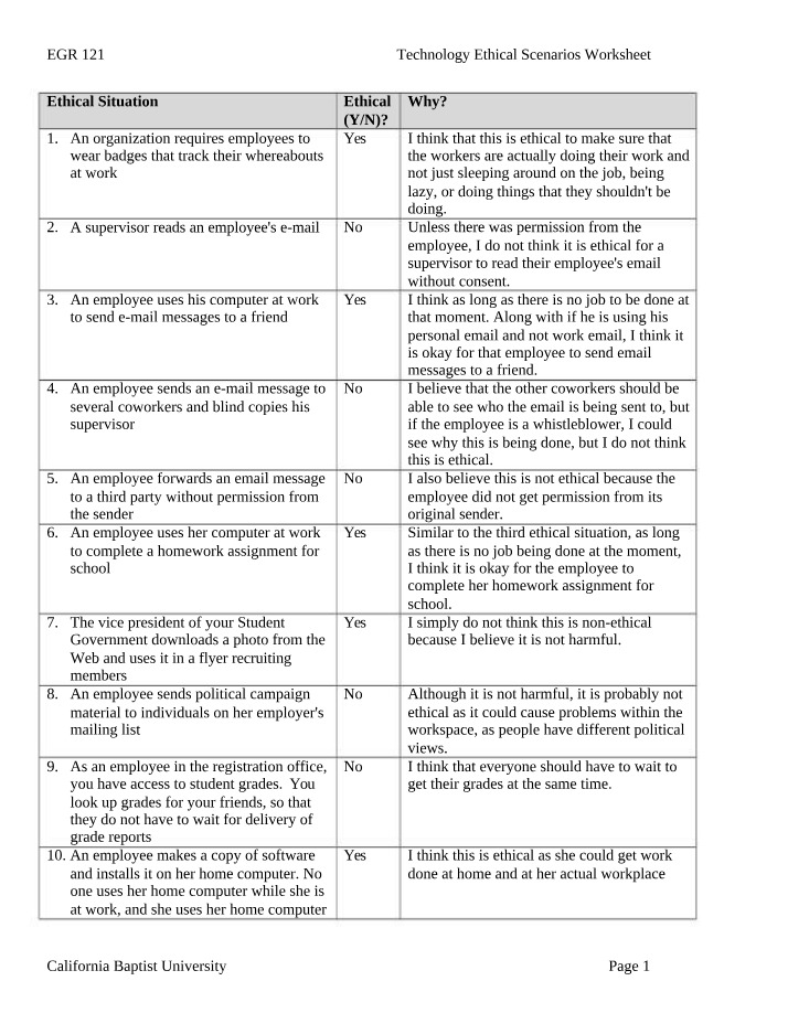 Worksheet for Technology Ethical Scenarios