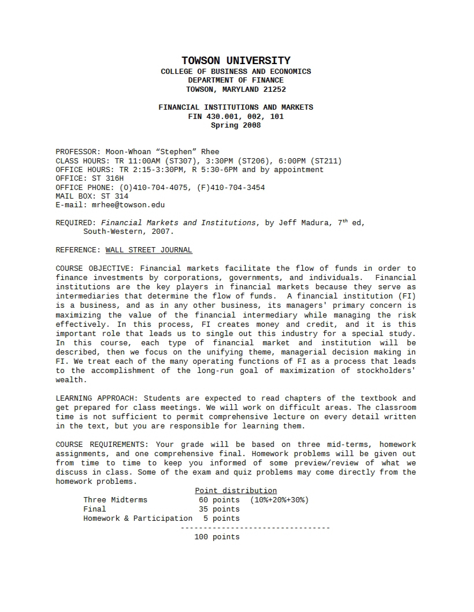 Financial Institutions Syllabus