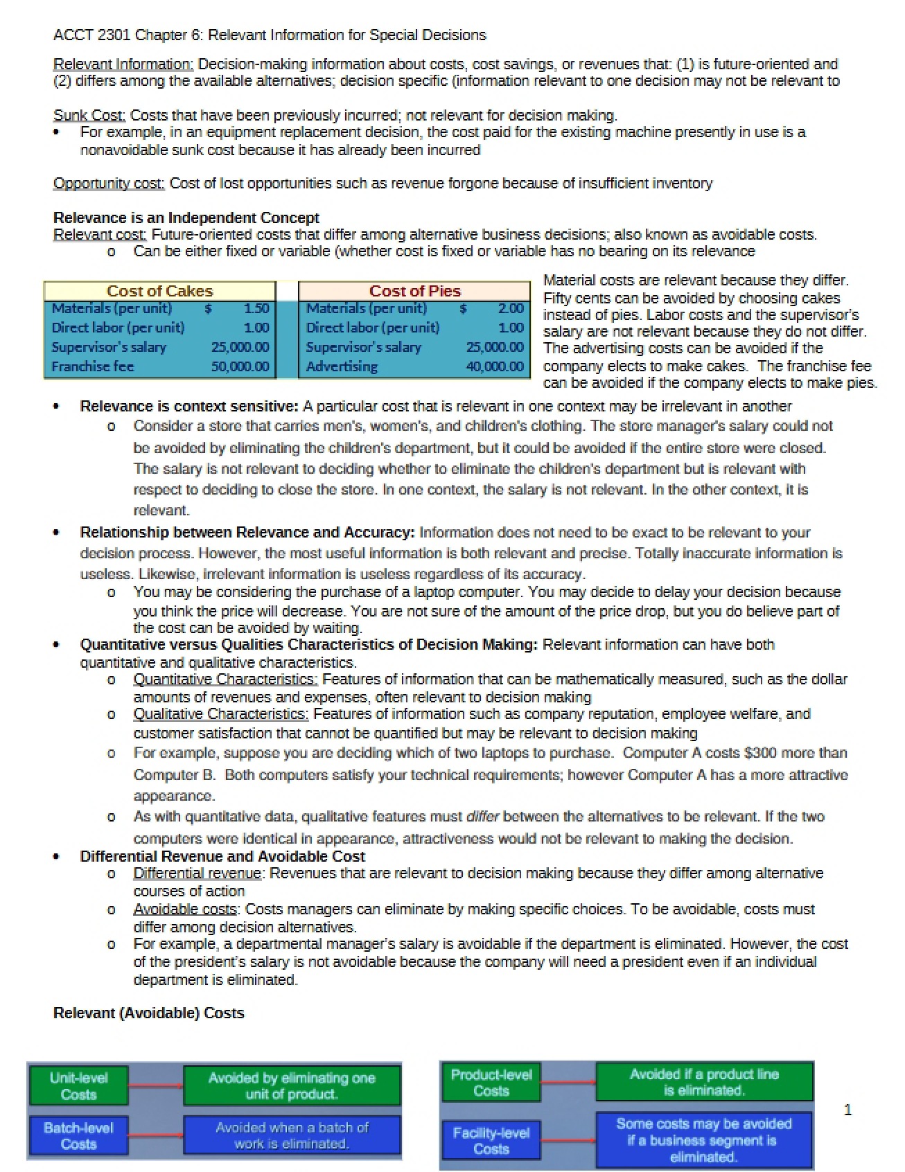 Relevant Information for Special Decisions (Chapter 6)