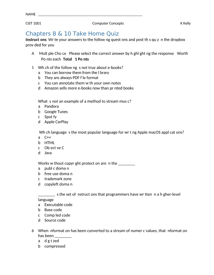 Take-Home Quiz - Computer Concepts Chapters 8 & 10