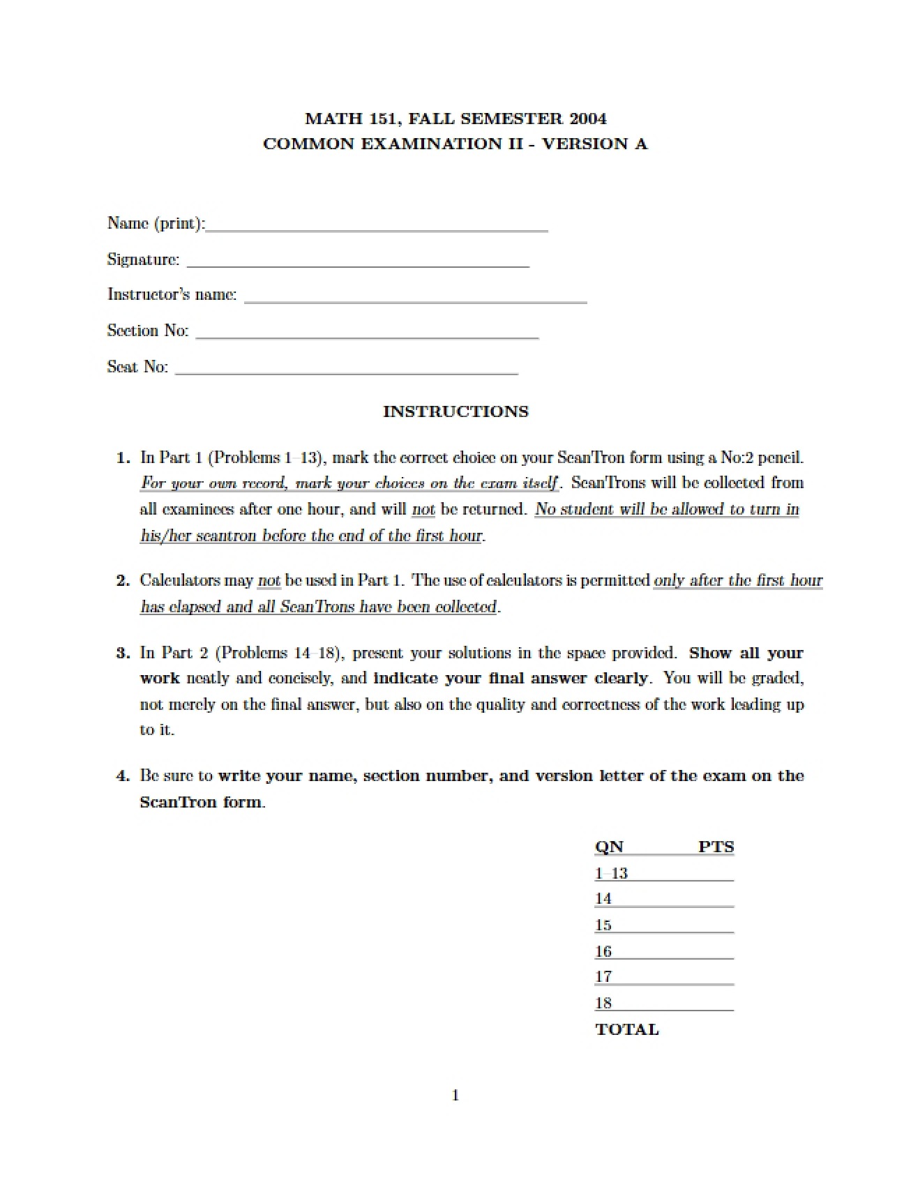 Common Exam Two (Version A, 2004)
