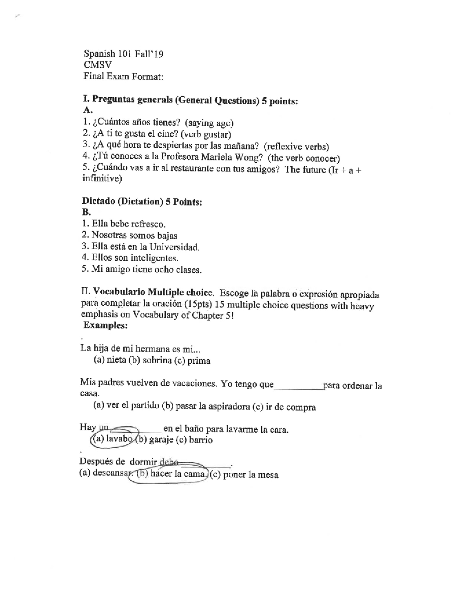Final Exam Answer Key (Spanish 101)