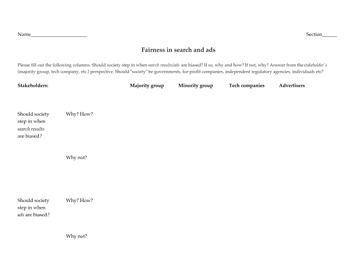 Worksheet on Fairness in Search and Ads