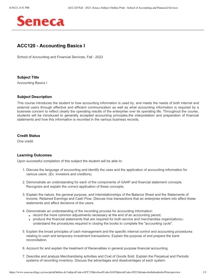 Seneca Accounting Subject Outline - Fall 2023