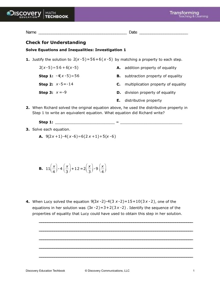 Solving Equations and Inequalities - Investigation 1