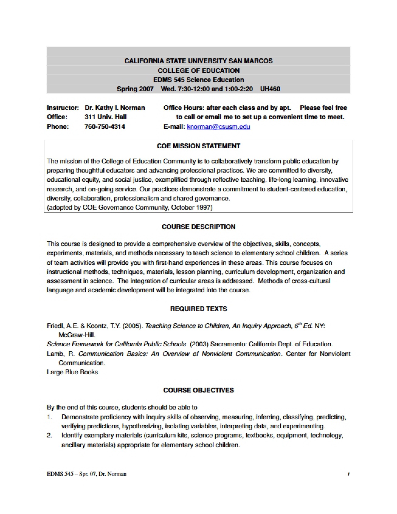 Syllabus for Elementary Science Education