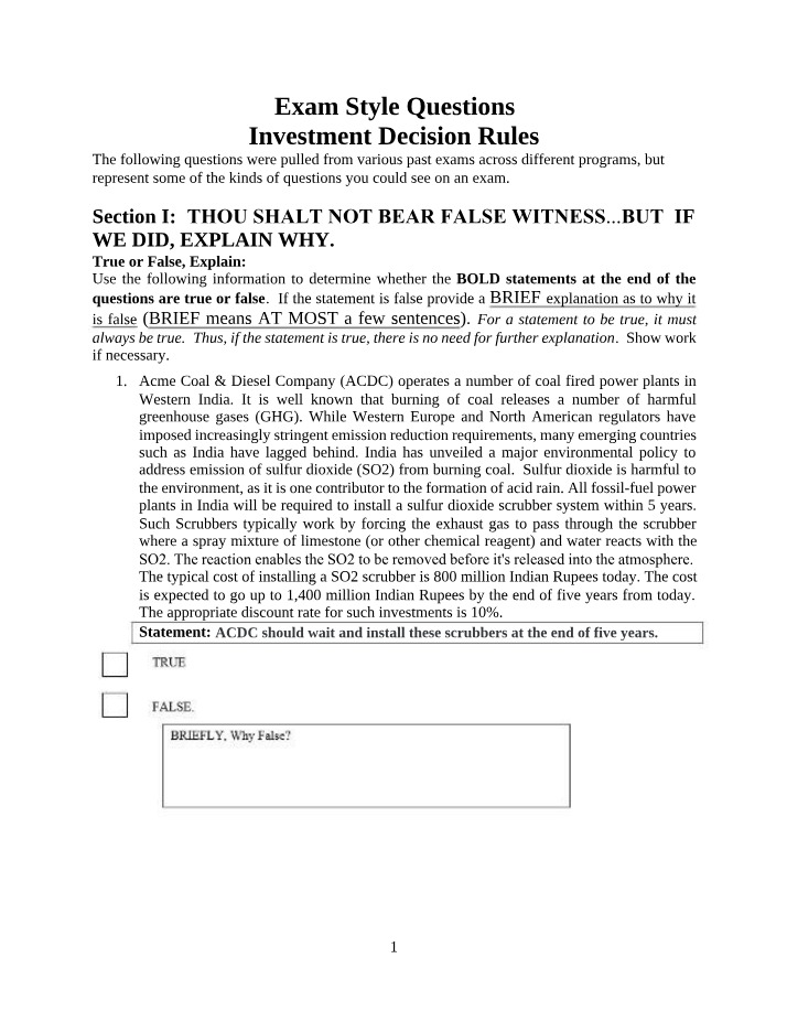 Past Exam Questions on Investment Decision Rules