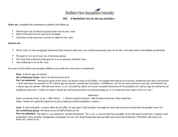 Worksheet Two - Guidelines and Rubric (SOC 320)