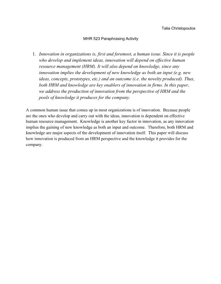 Paraphrasing Activity - MHR 523