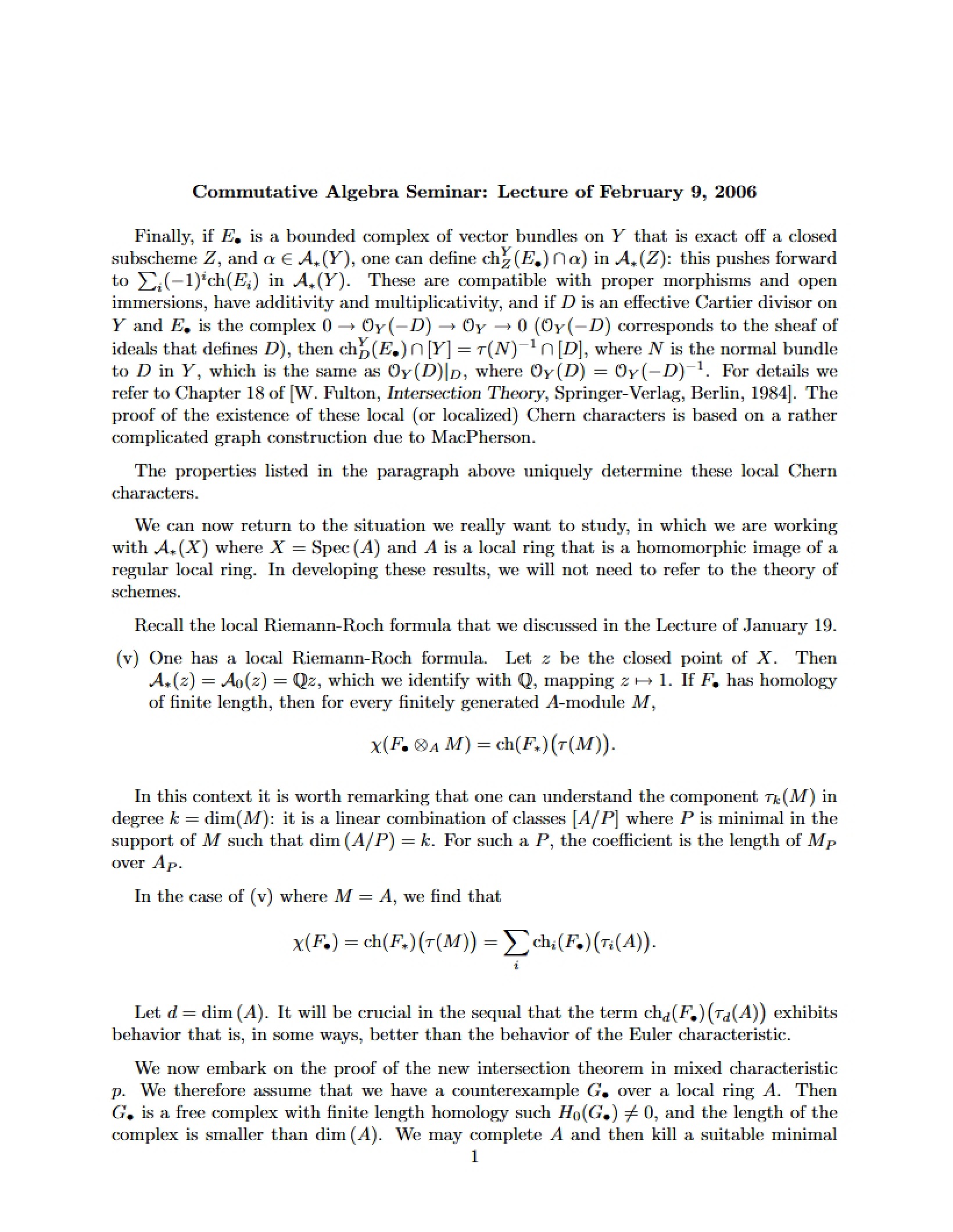 Seminar on Commutative Algebra