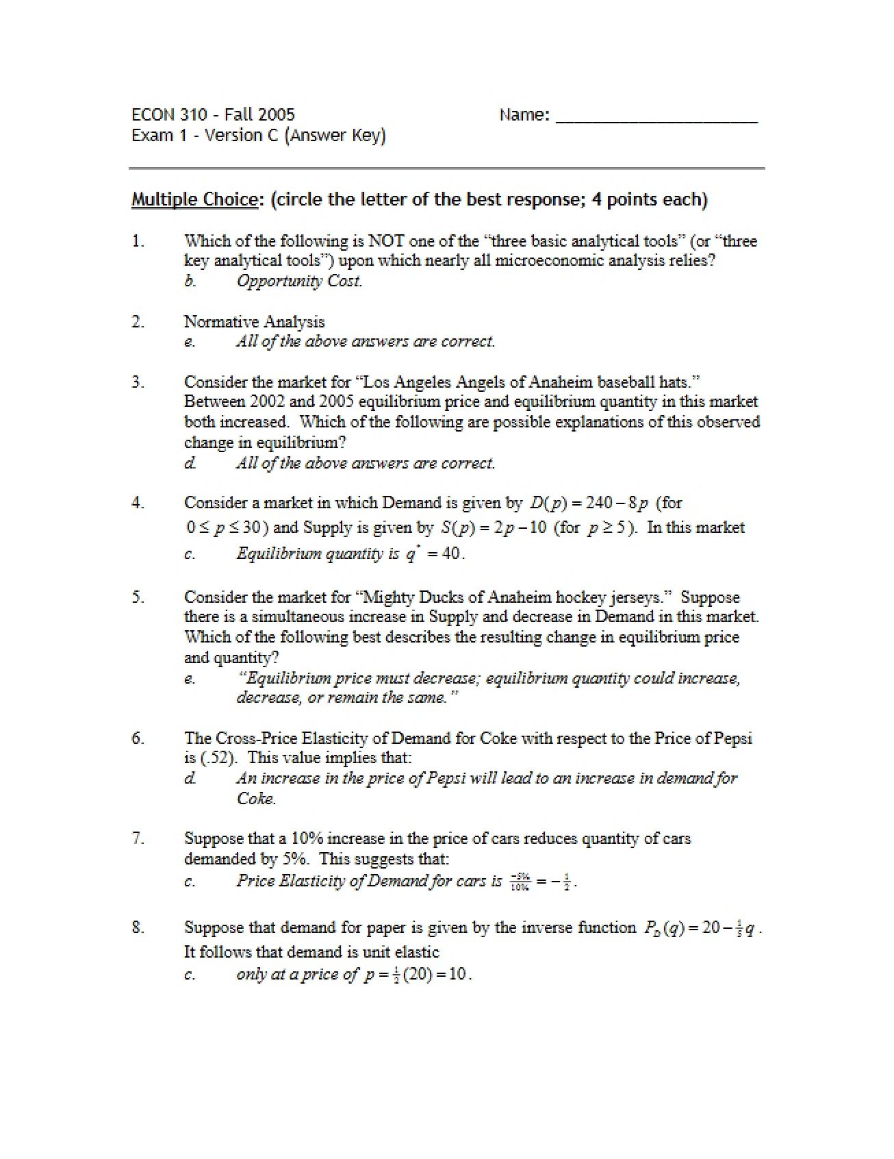 Key for First Exam Version C