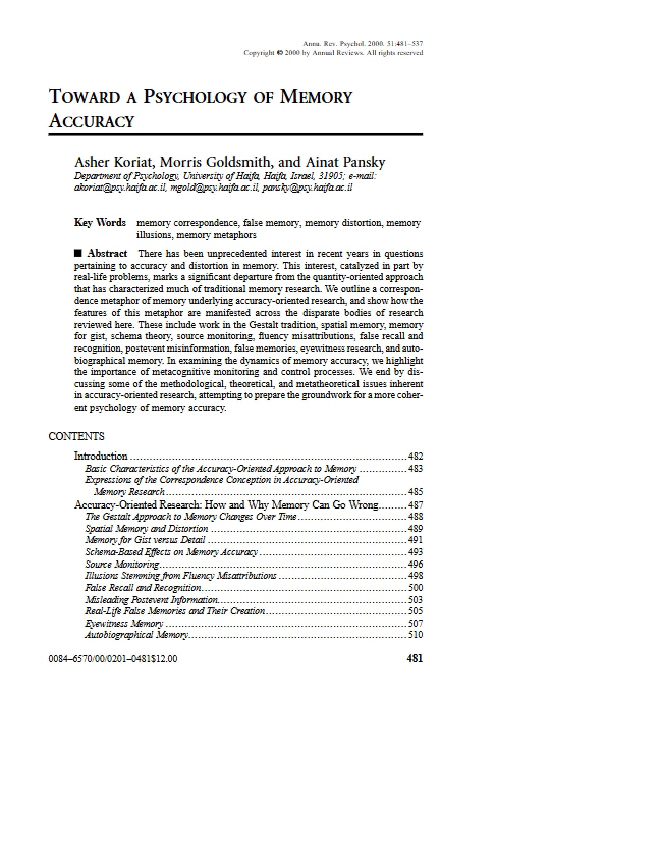 Memory Accuracy: Psychological Perspective