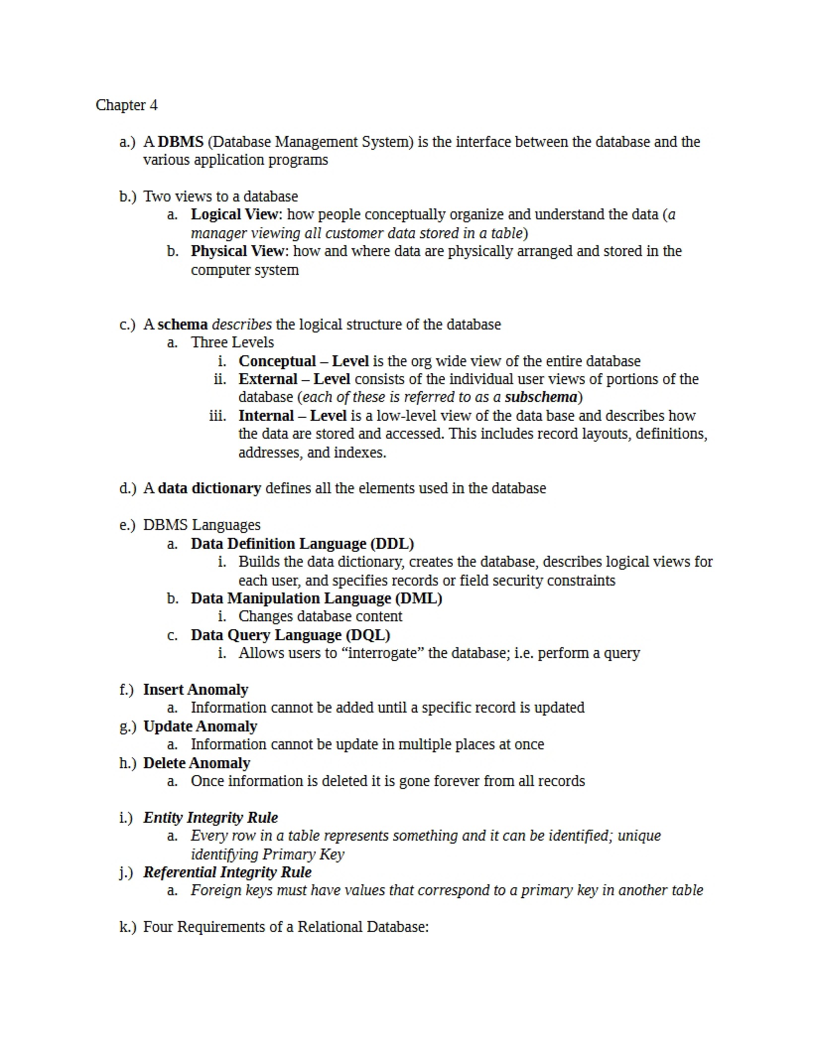First Exam Chapter Four Material