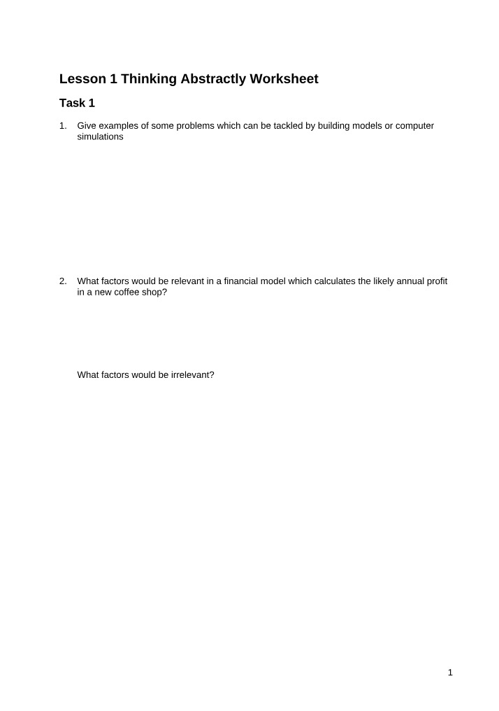 Thinking Abstractly - Lesson 1 Worksheet
