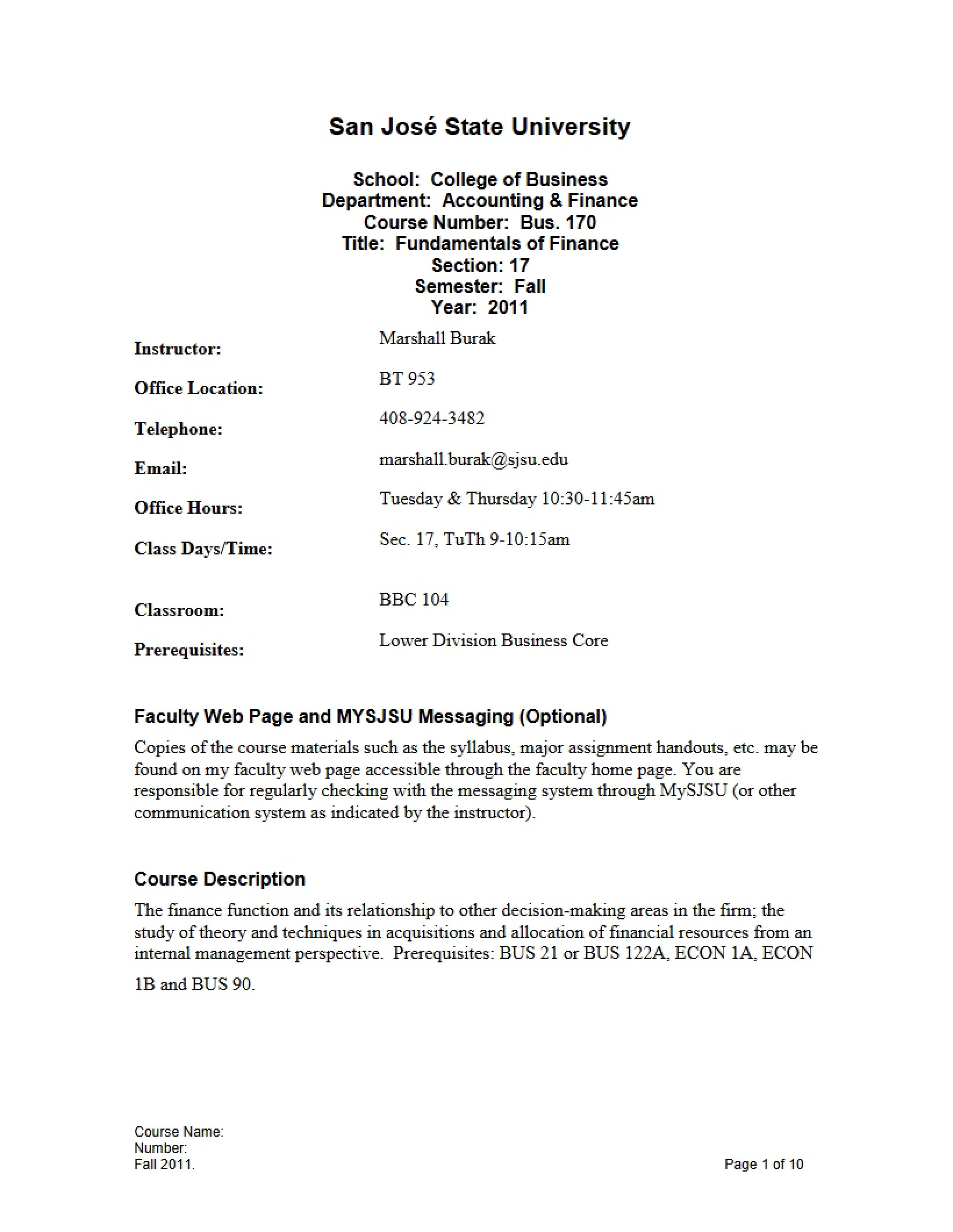 Course Syllabus Fundamentals of Finance