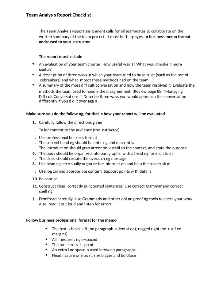 Team Analysis Report Checklist