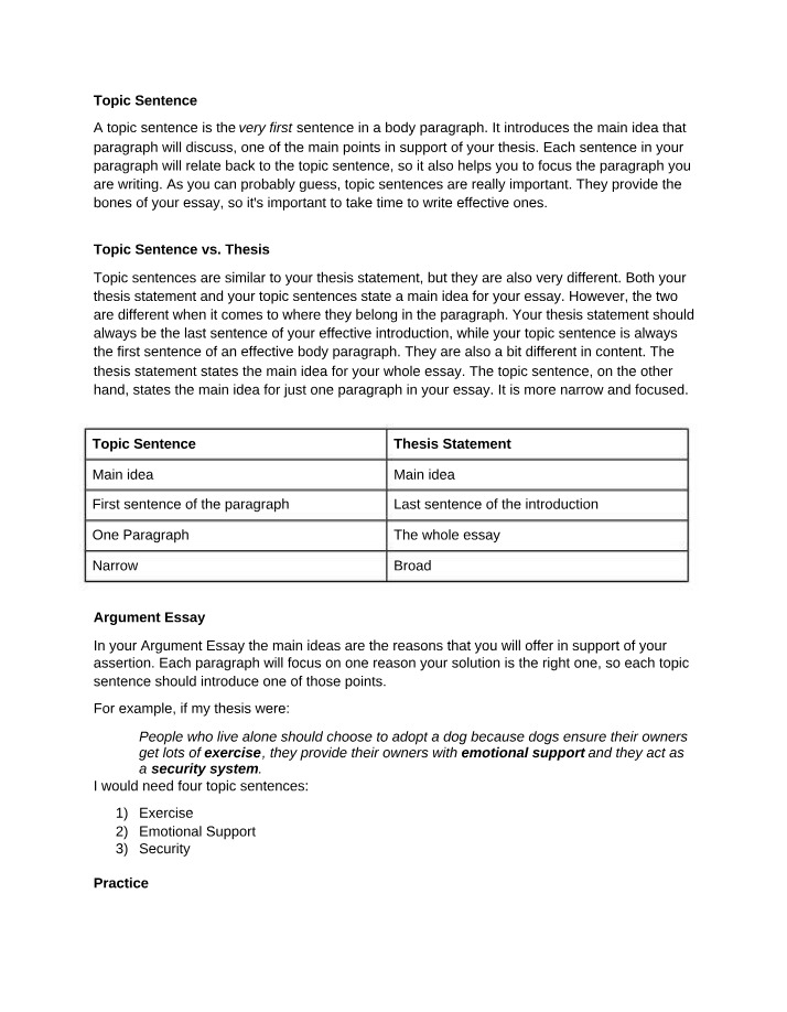 Topic Sentences Worksheet for Argument Essays