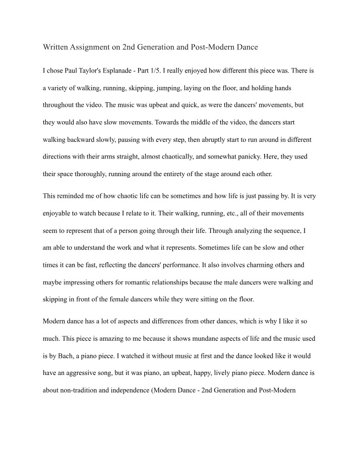 Written Assignment 2nd Generation and Post Modern Dance