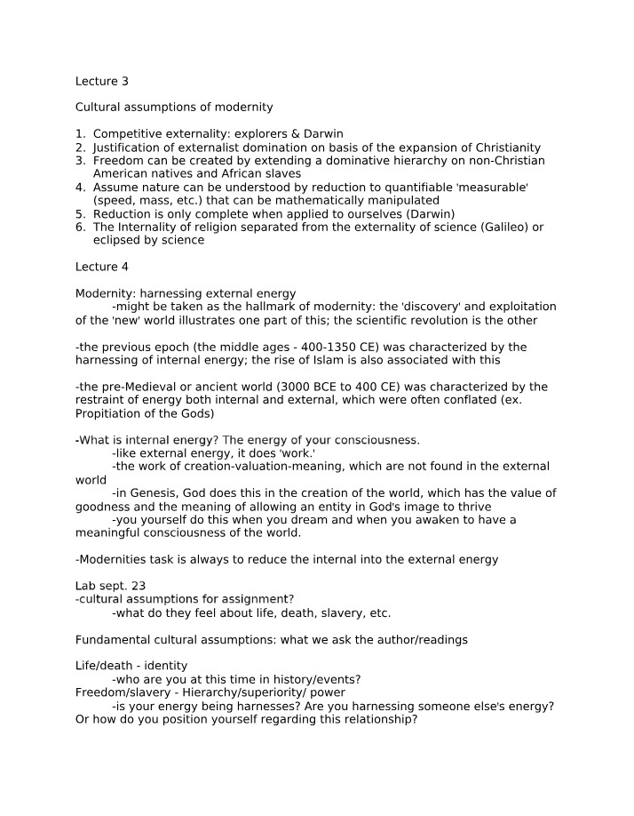Lecture Notes on Cultural Assumptions of Modernity