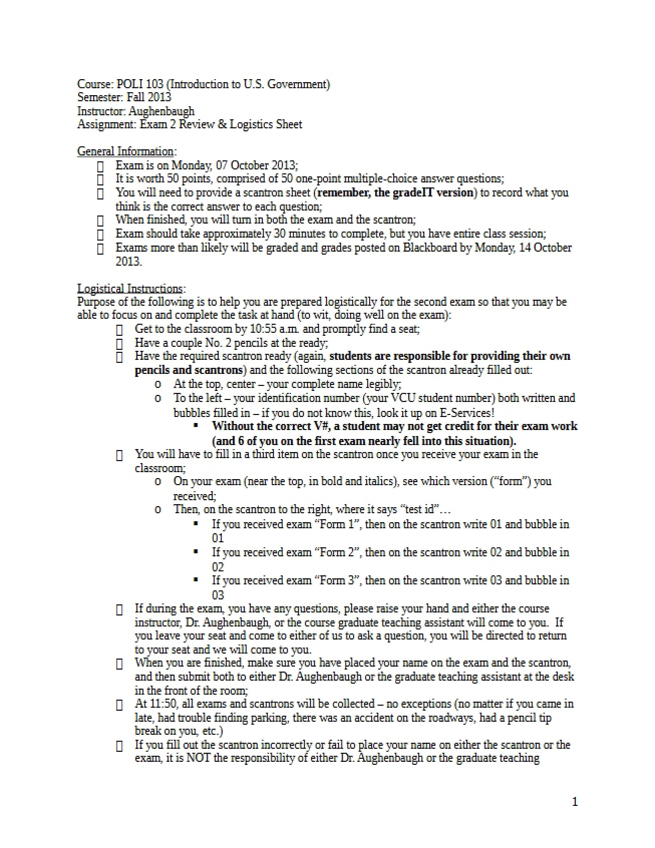 Logistics Sheet and Review for Exam Two
