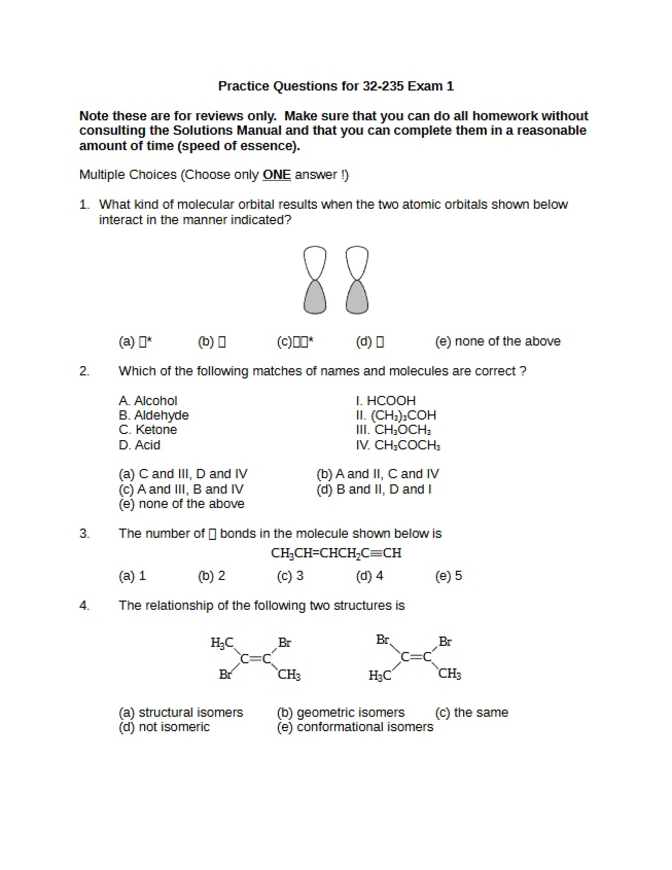 Exam 1 Practice Questions - CHEM 235