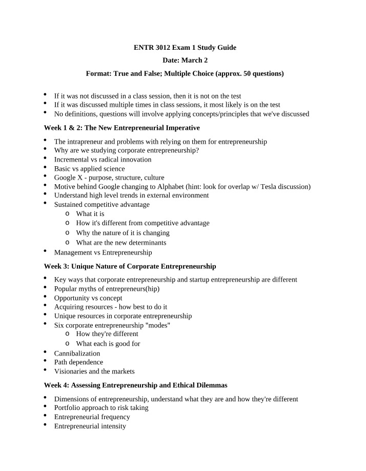 Study Guide for Exam 1