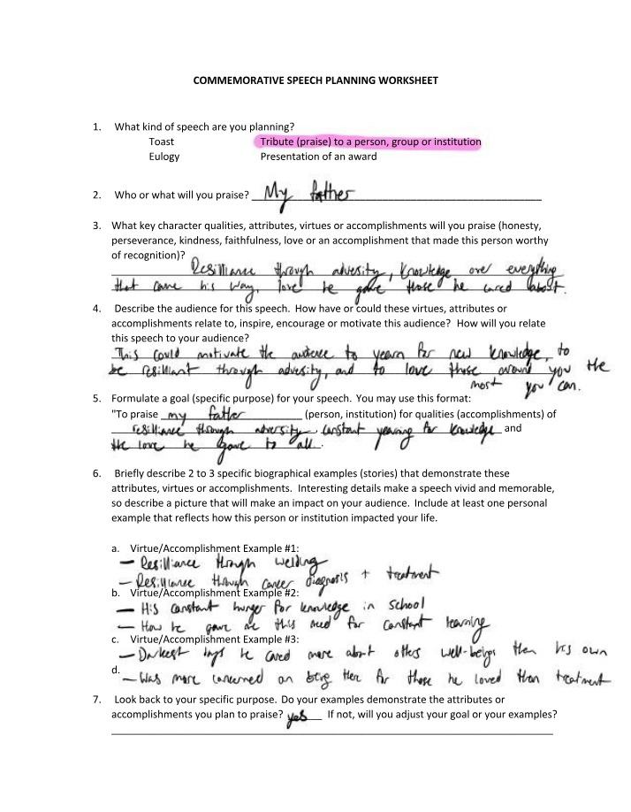 Worksheet for Commemorative Speech Planning