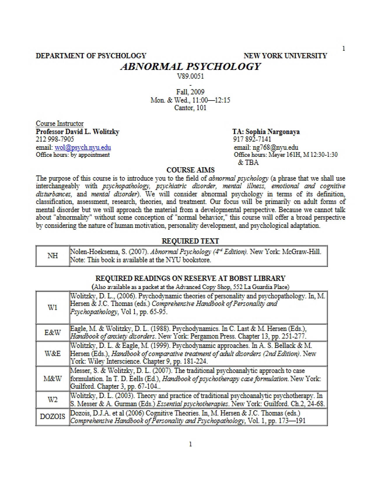 Abnormal Psychology Course Syllabus