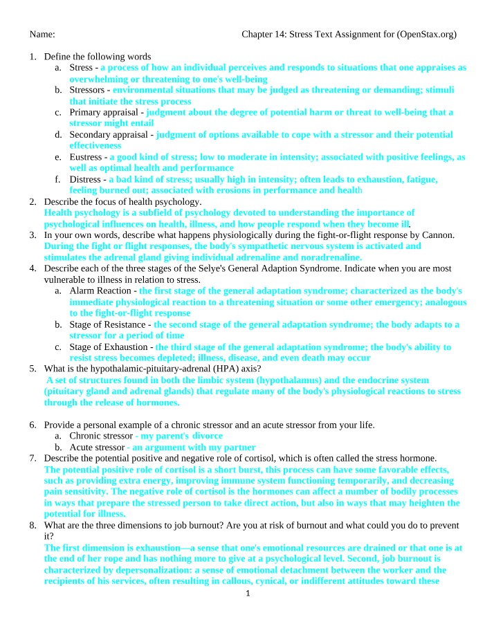 Stress - Chapter 14 Text Assignment