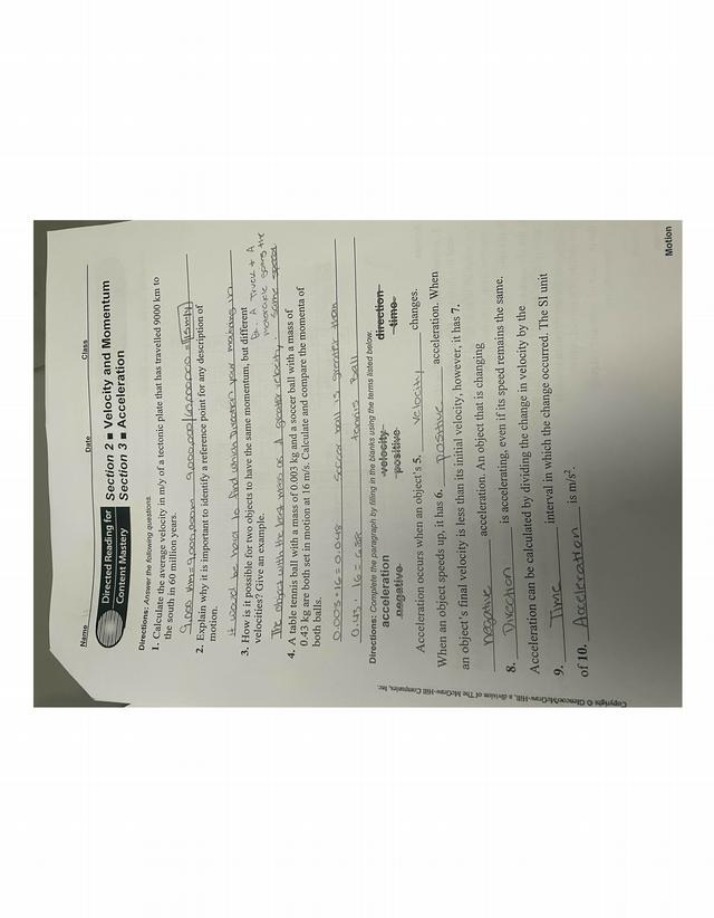 Worksheet on Velocity, Momentum, and Acceleration