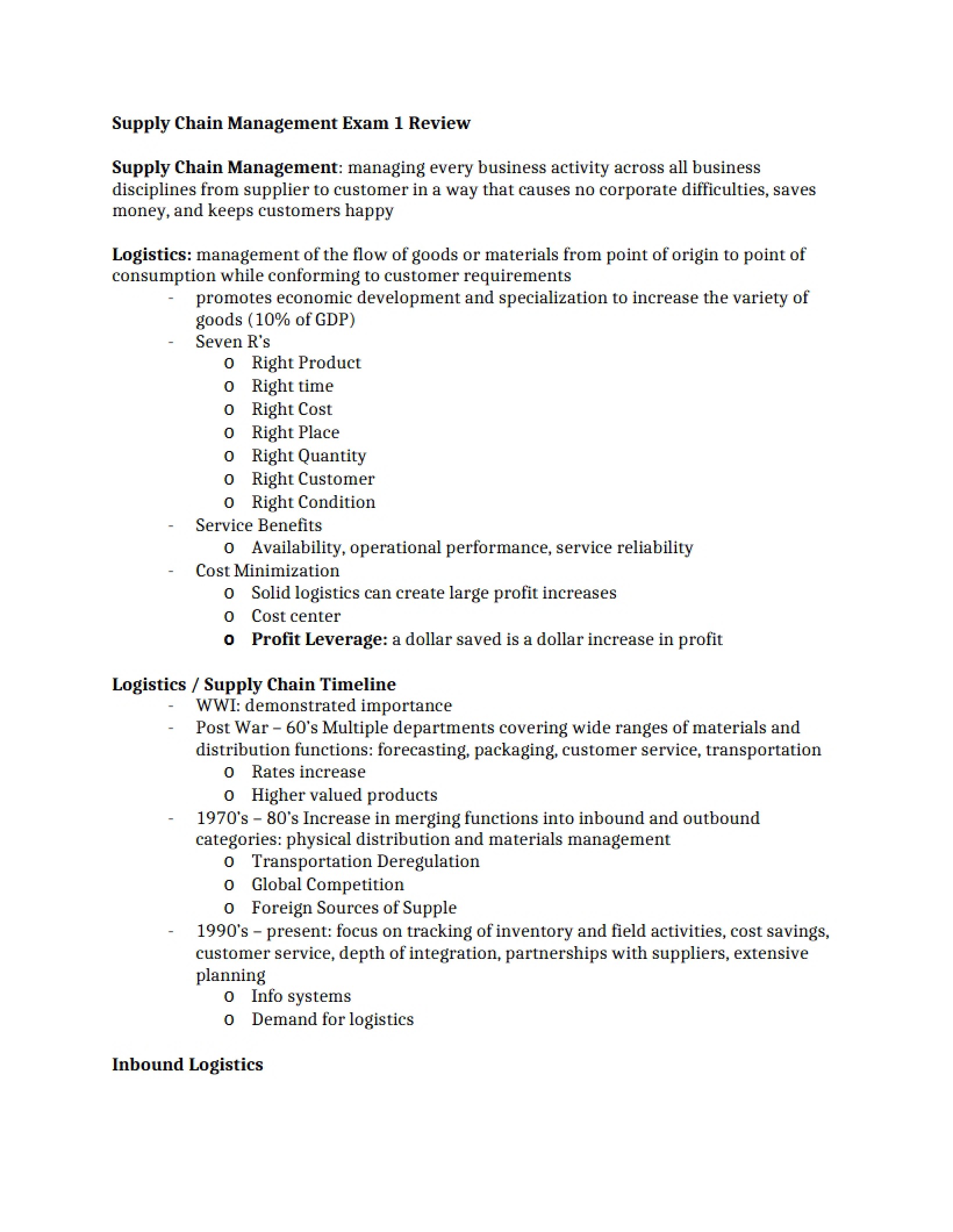 Exam 1 Review Supply Chain Management