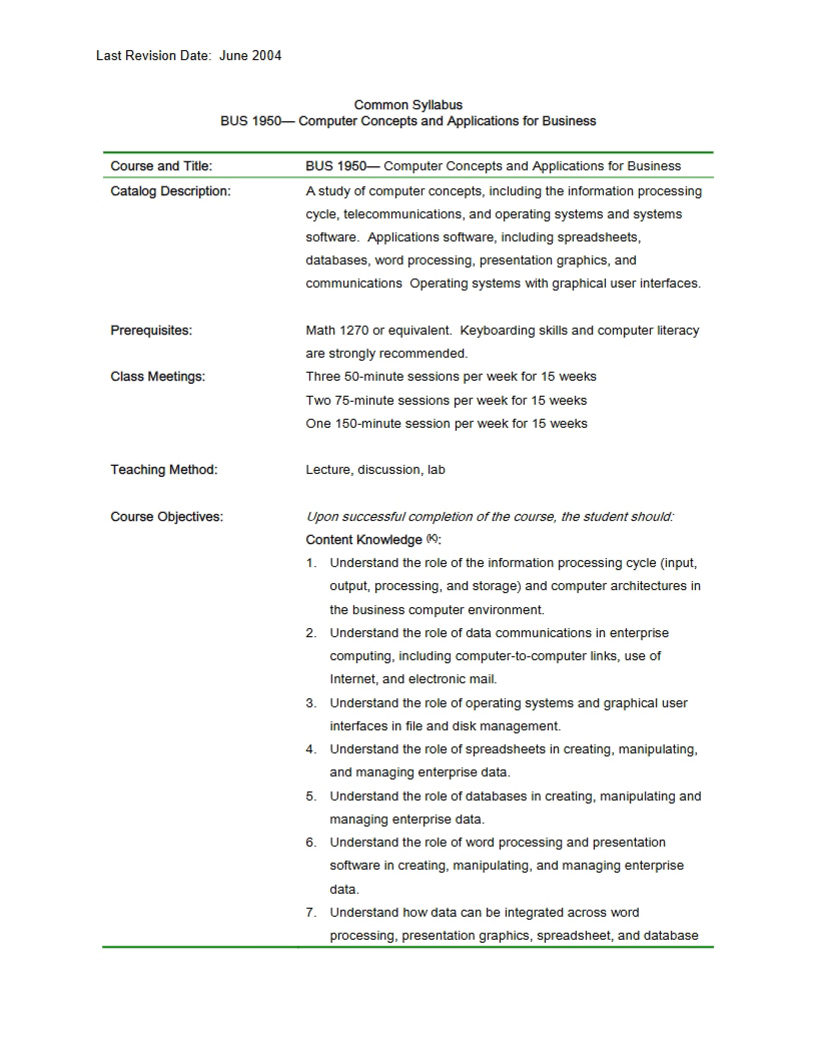 Common Syllabus for Business Applications