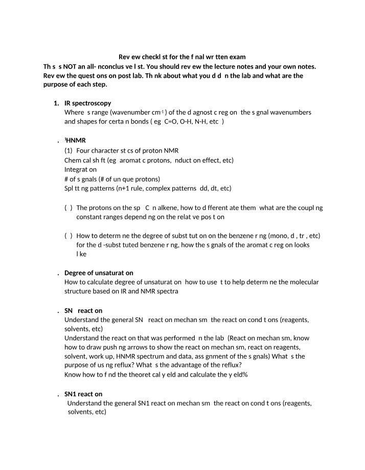 Review Checklist for Final Exam - IR Spectroscopy, HNMR, and SN2