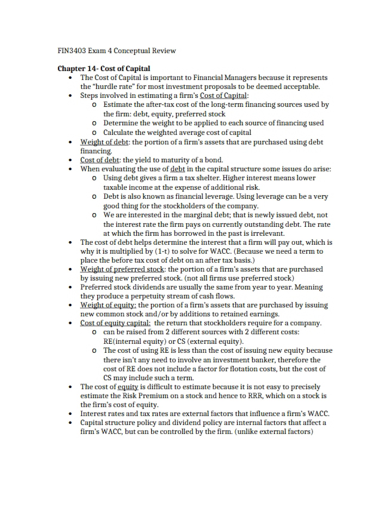 Overview of the Cost of Capital from Chapter Fourteen