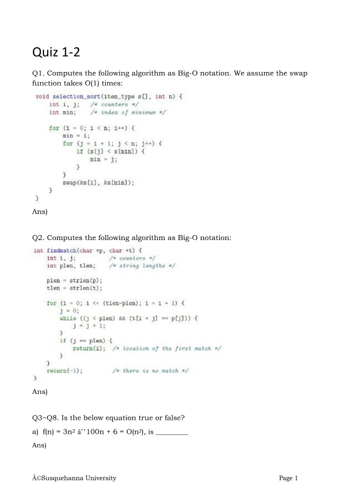 Asymptotic Analysis - Algorithm Quiz 1-2