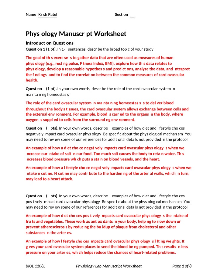 Physiology Worksheet