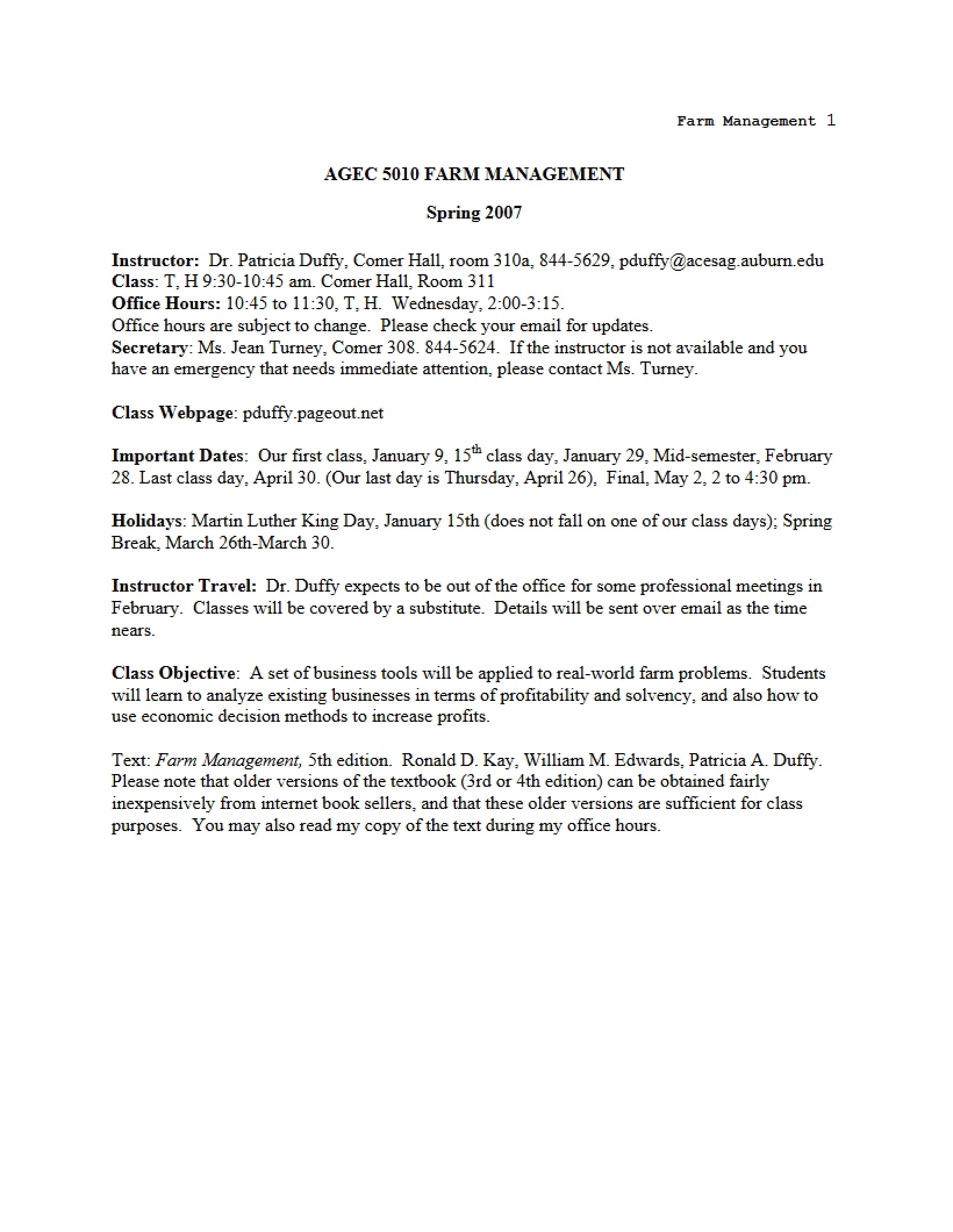 Farm Management Course Syllabus