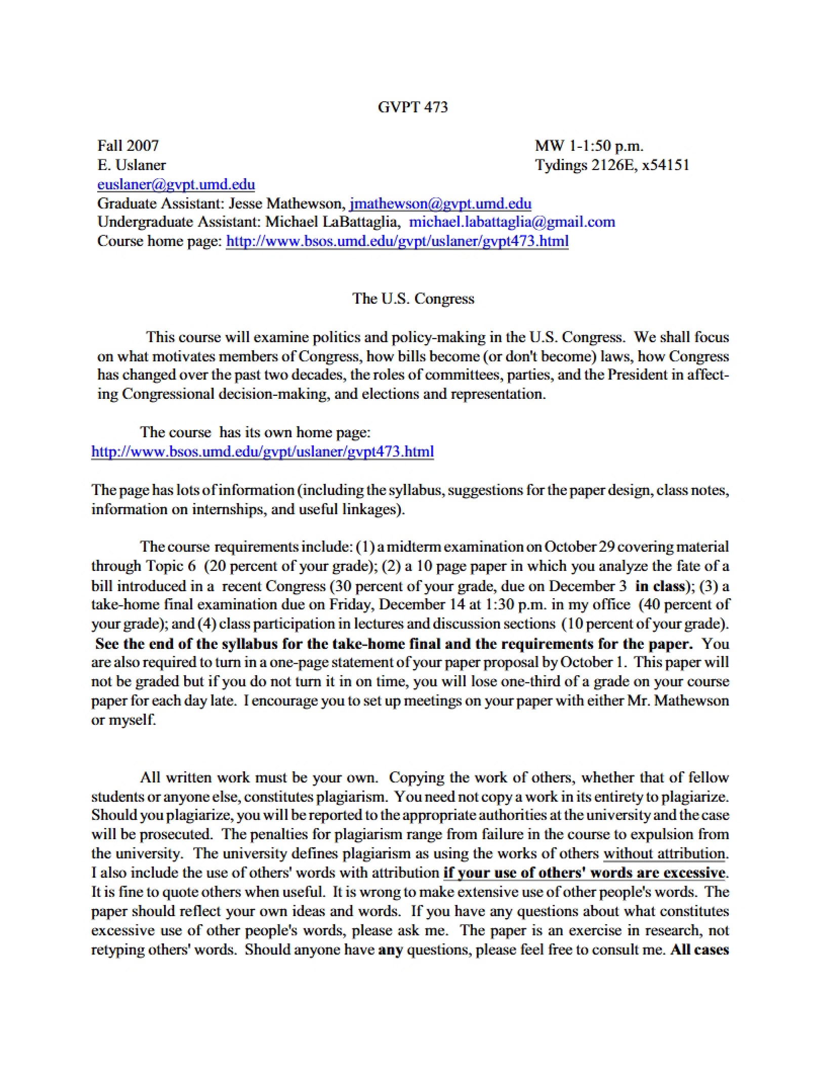 Congress Seminar Syllabus