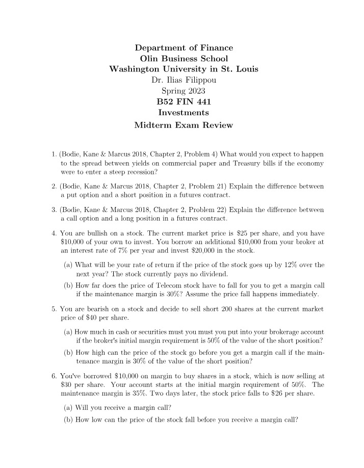 Midterm Exam Review for Investments & Risk Analysis