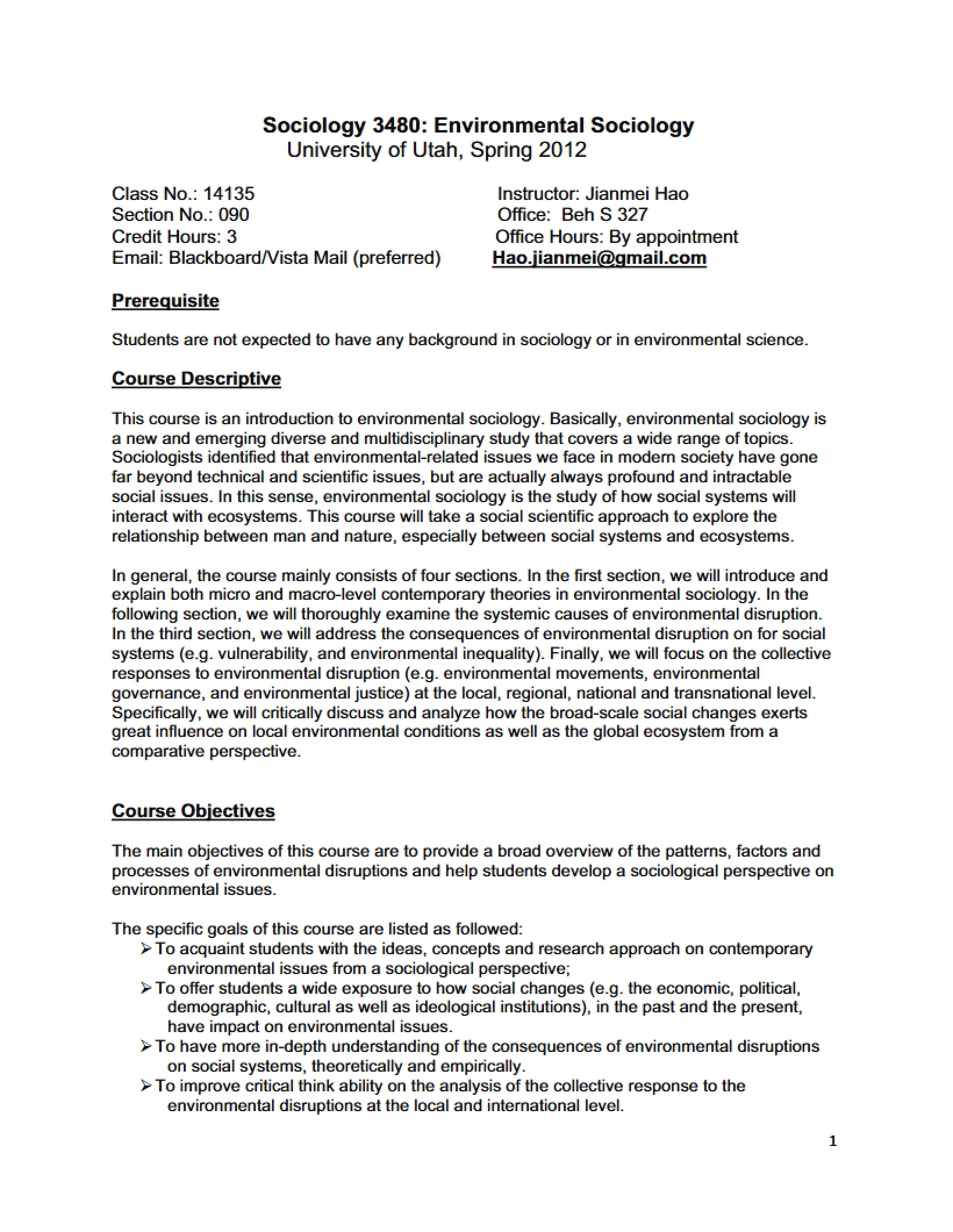 Outline for Environmental Sociology