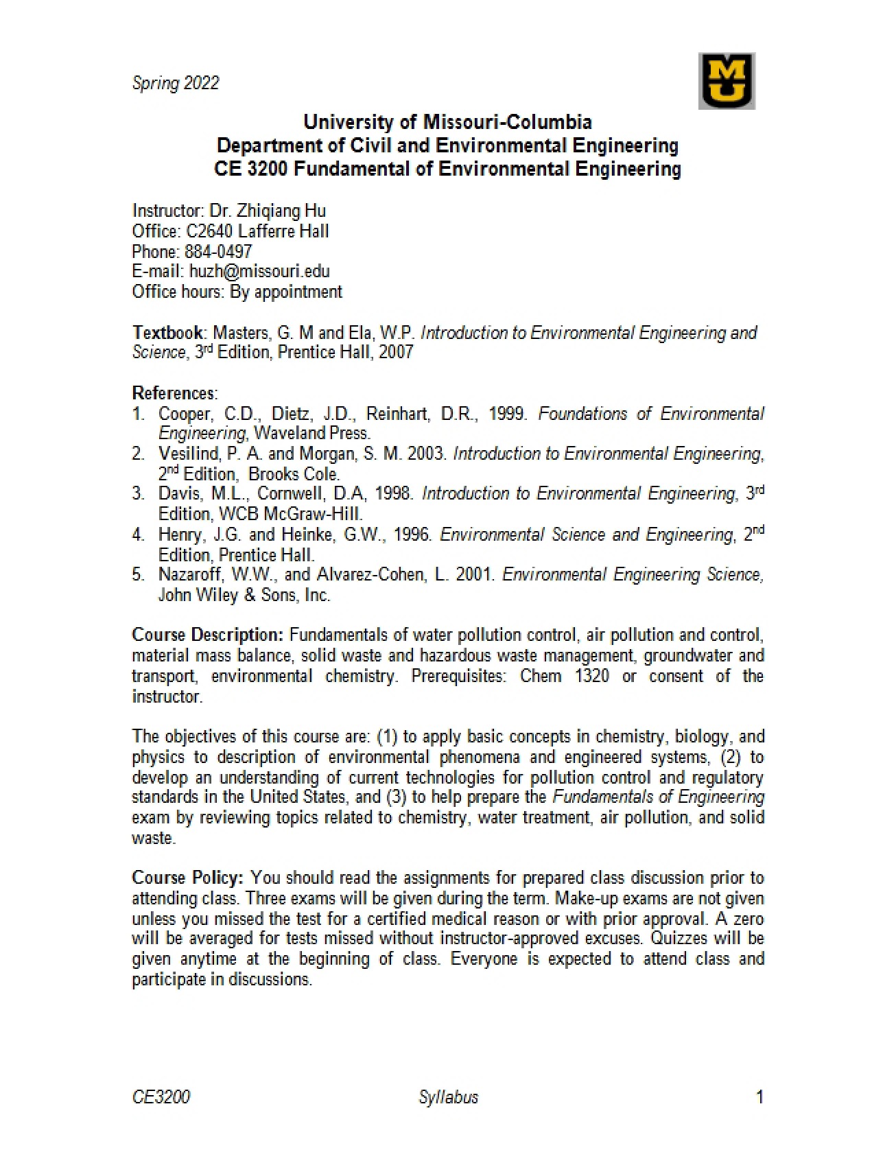 Environmental Engineering Fundamentals Course Outline