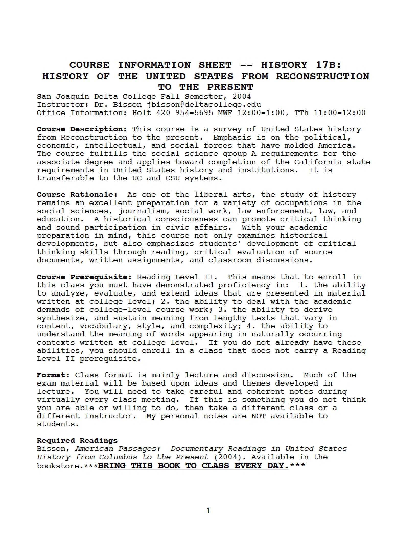 Info Sheet for History 17B