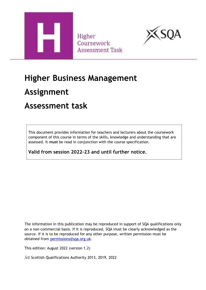 Higher Business Management Assessment Task