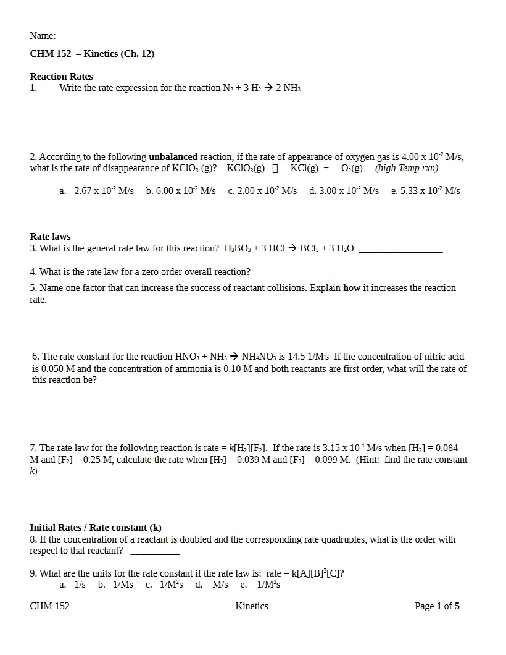 Worksheet on Kinetics
